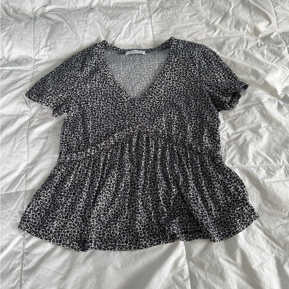 Emory Park Black & White Leopard Print Peplum Top Xxs
